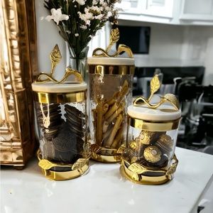 Hammered Glass Canister with Gold Metal Leaf Branch & Marble Lid Canisters